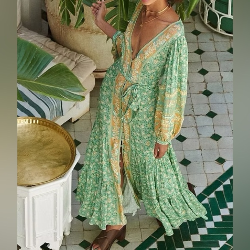 Spell Madame Peacock Button Through Gown in Emerald size XS - Picture 2 of 8